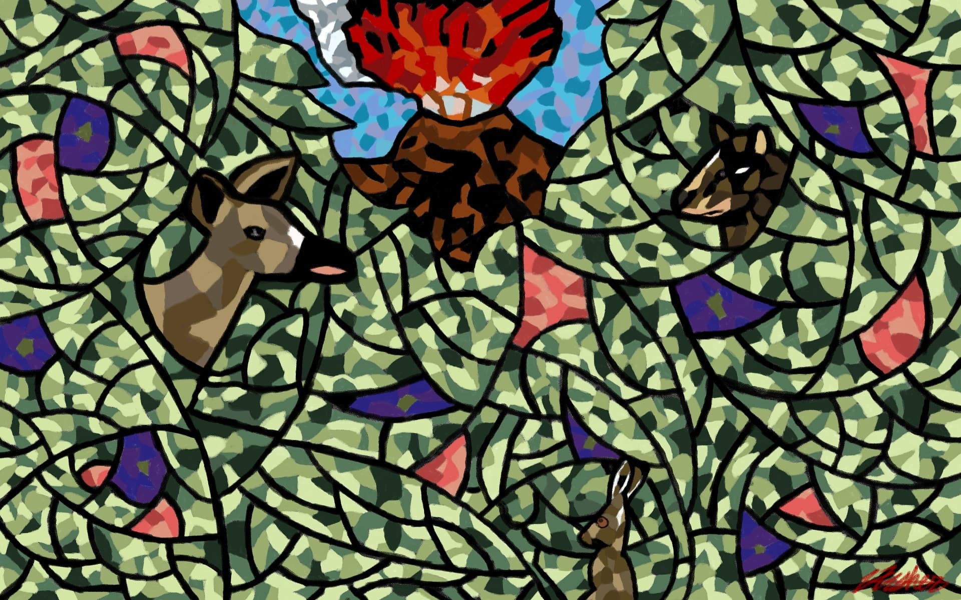 Lauren's digital drawing inspired by stained glass mosaics. Features a deer, rabbit and badger peering through green foliage to see a volcano erupting in the distance.