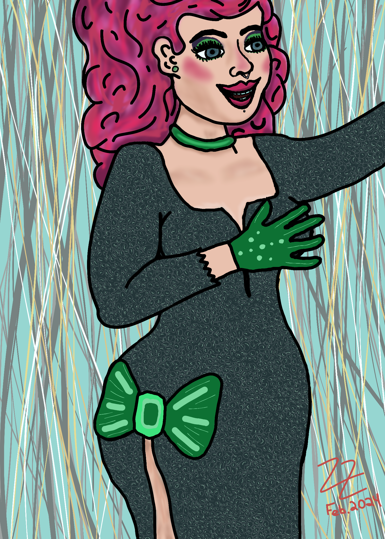 Lauren's drag inspired digital drawing of a feminine person with a voluminous wavy hot pink wig and a form fitting dark green dress with a bright green bow on the side of the hip. This person wears bright green gloves and a collar with red lips and rosy cheeks. They appear to be singing.