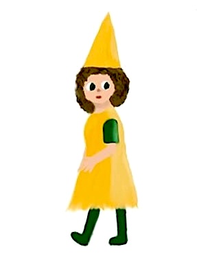 Lauren's digital drawing of an elf. She wears a daffodil-yellow dress and pointy hat with green short sleeves and green stockings. She has curly brown shoulder length hair and looks back slightly with big eyes while walking.